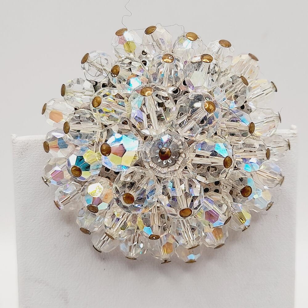 Vintage AB Crystal Beaded Brooch Clear Aurora Borealis Round 2 Inch 1960s
